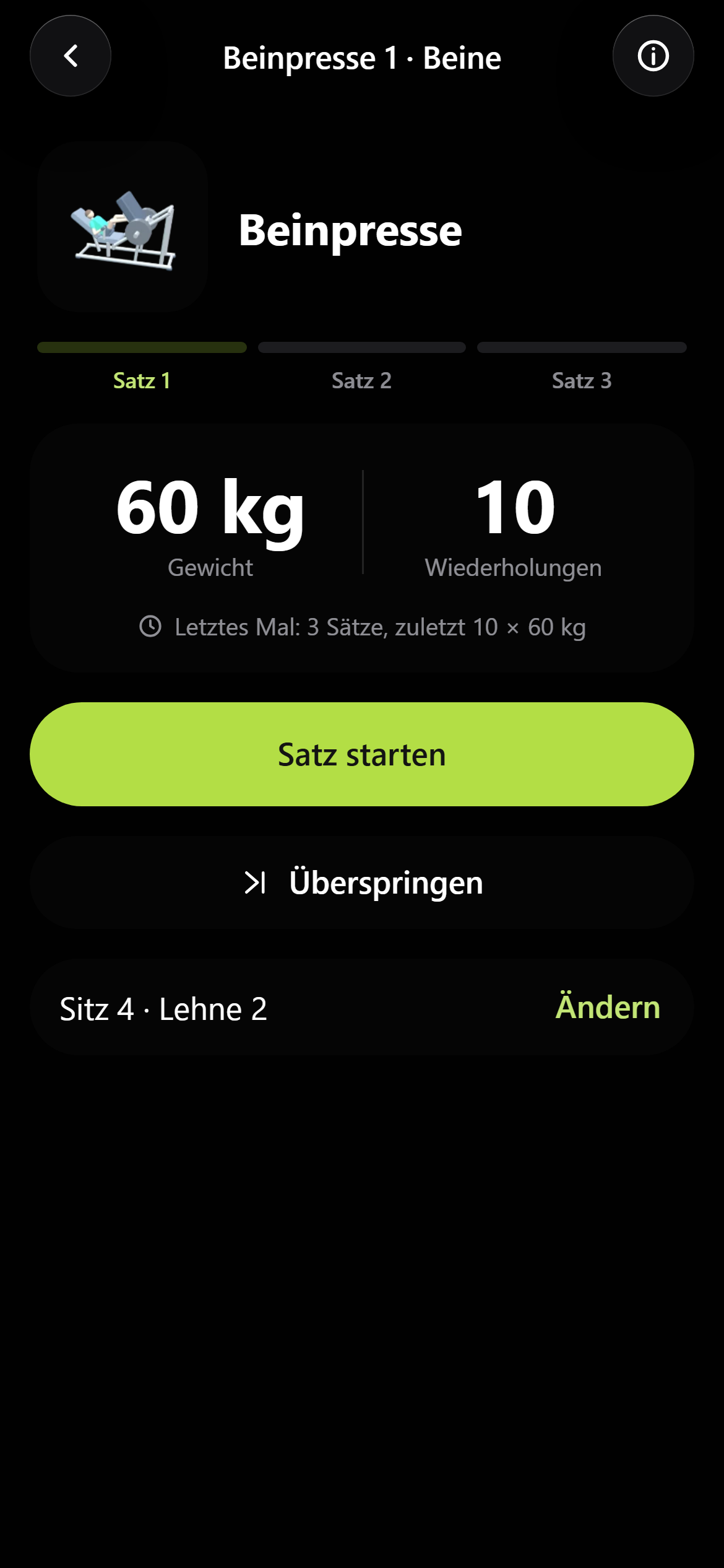 App-Ansicht Beinpresse: 60 kg, 10 Wiederholungen, Satz starten